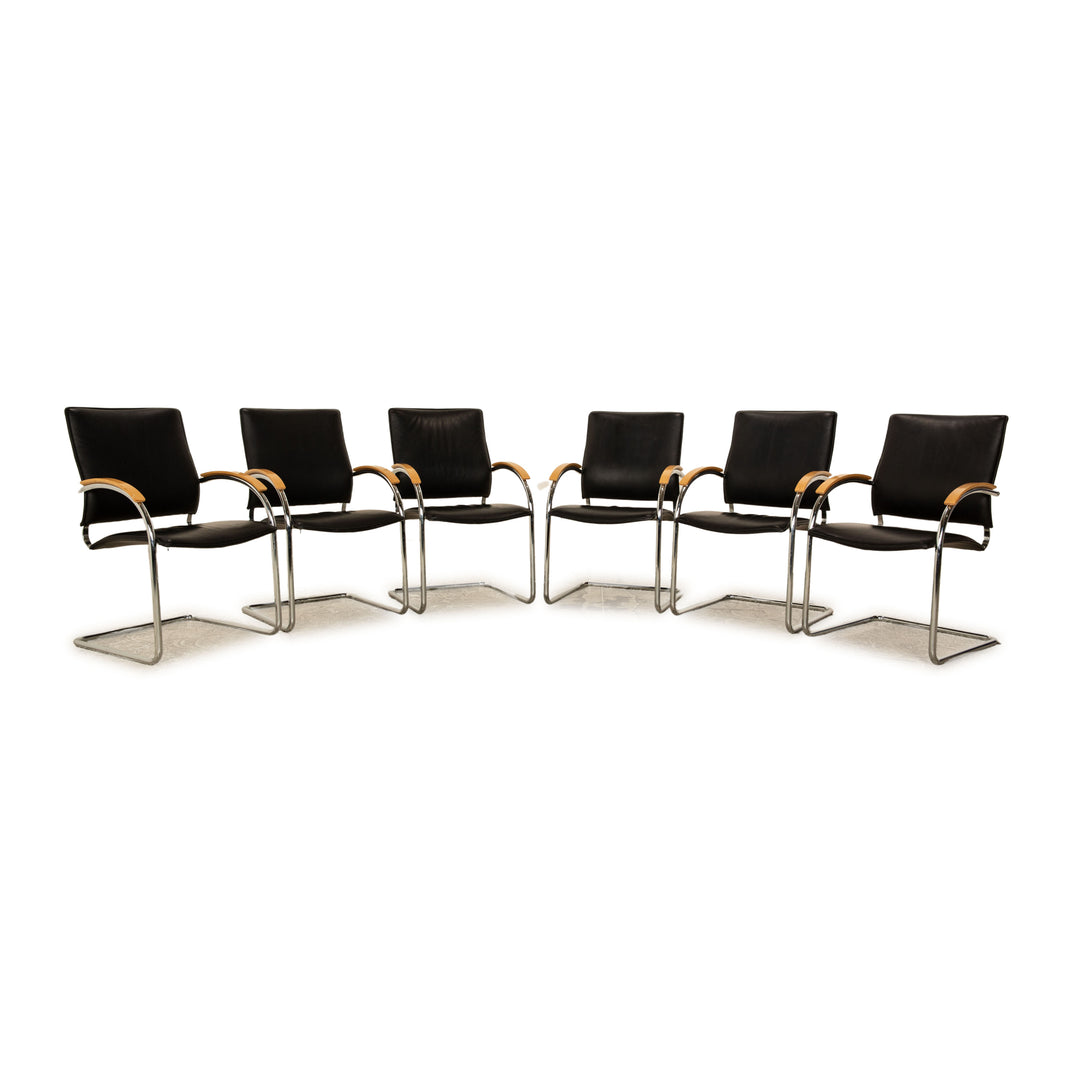 6er Garnitur Thonet S 74 Leder Stuhl Schwarz Vintage Freischwinger