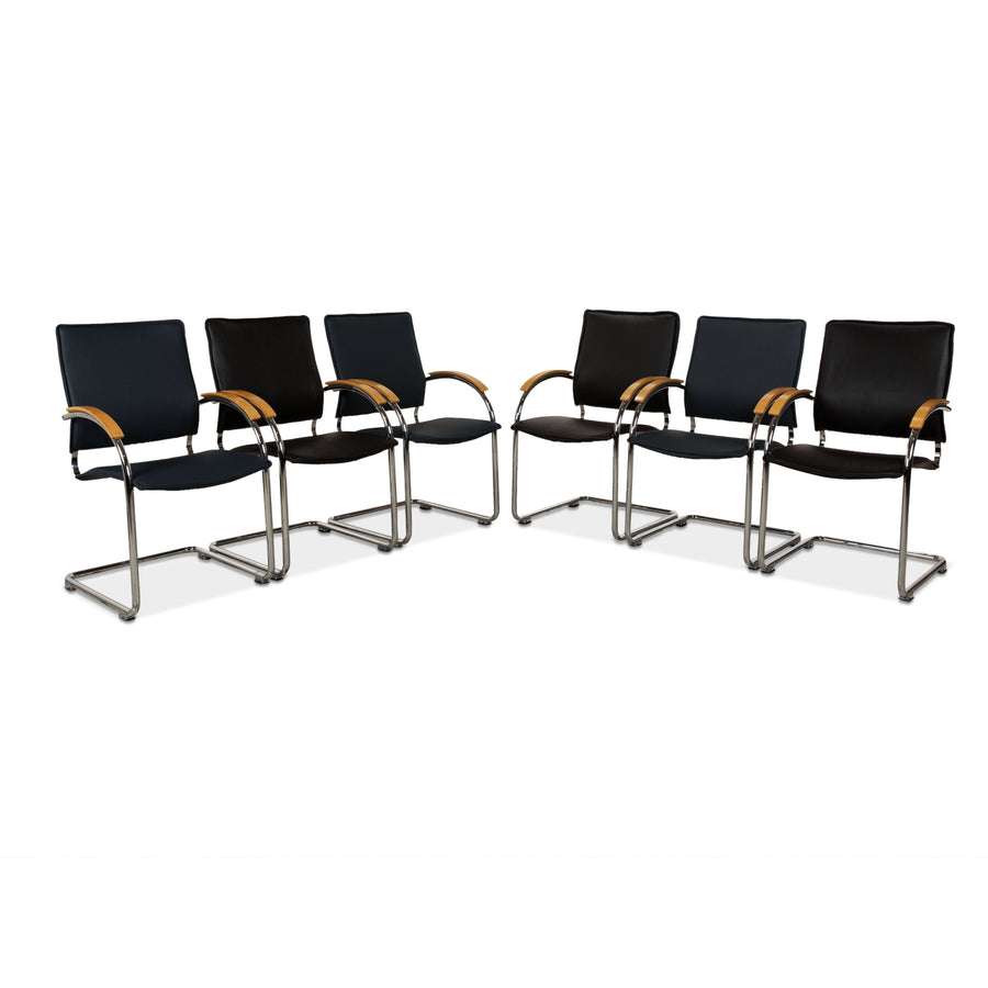 Set of 6 Thonet S74 Leather Chairs Blue Black Dining Room