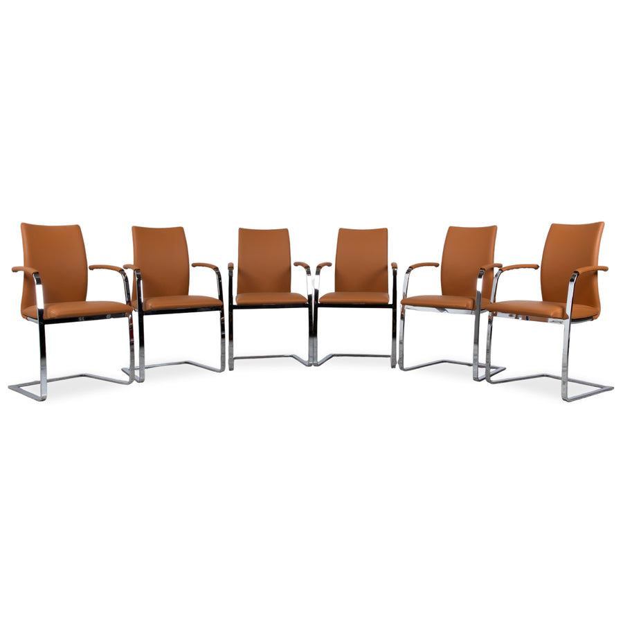 6er Garnitur Tonon Swing Leder Chrom Stuhl Braun Cognac