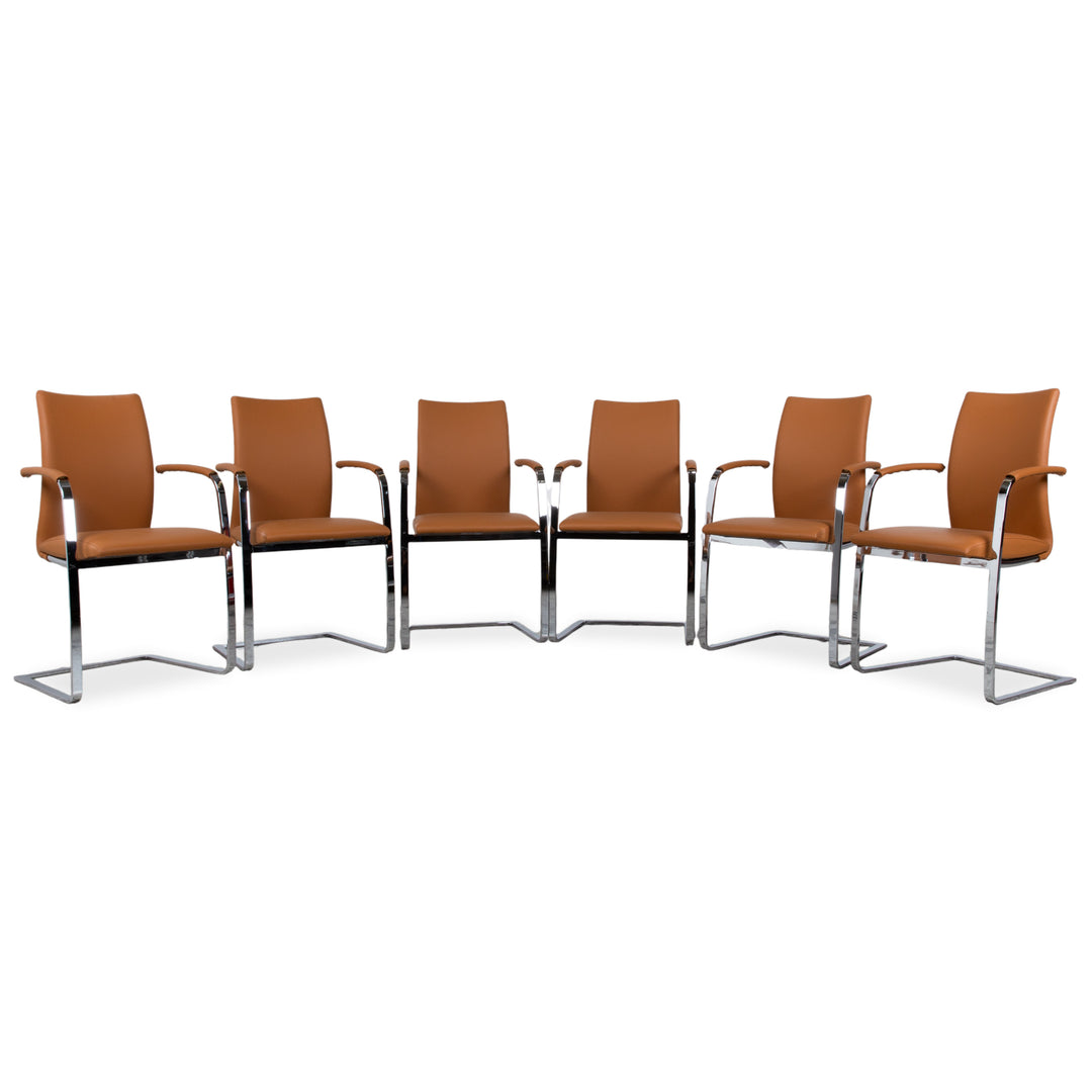 Set of 6 Tonon Swing Leather Chrome Chairs Brown Cognac