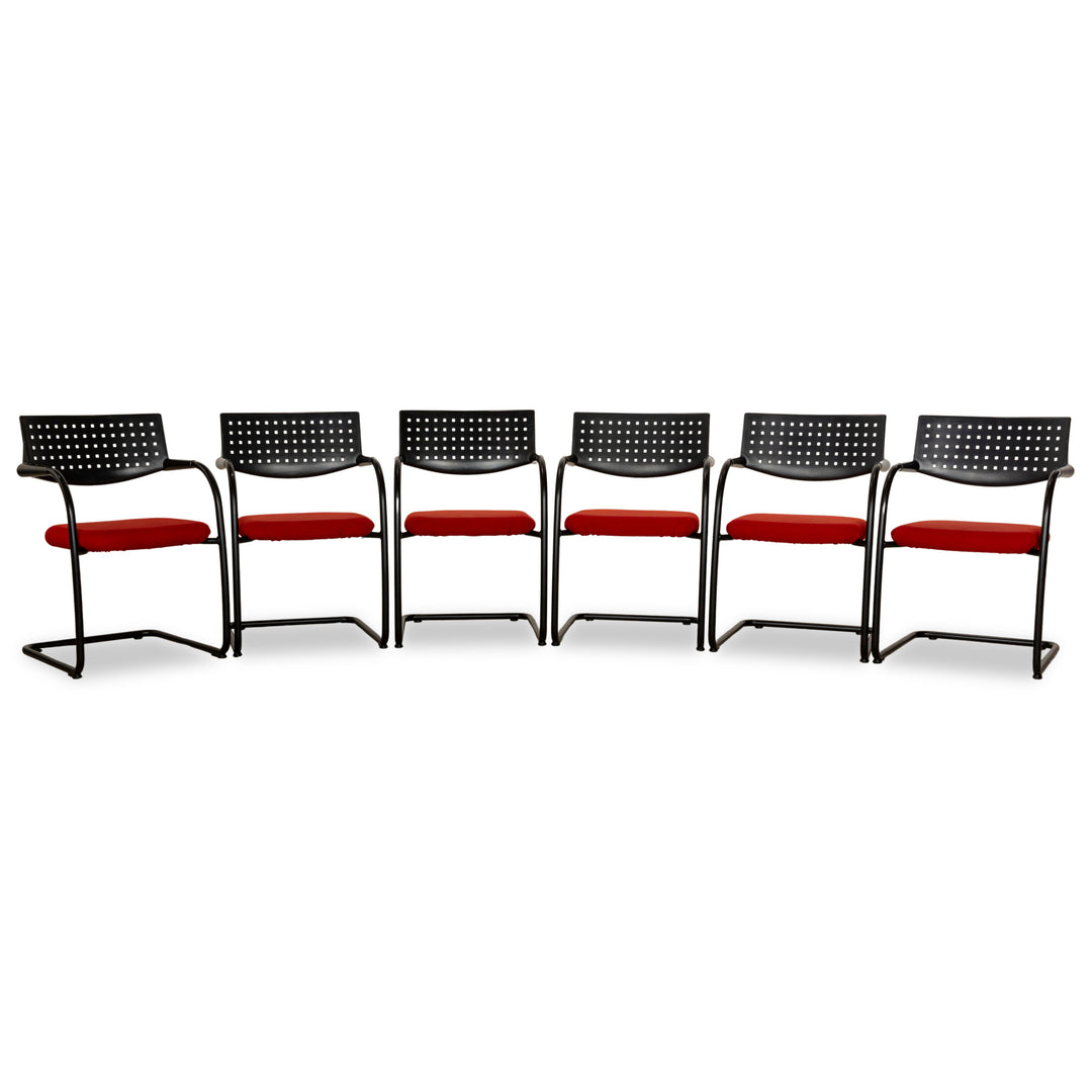 Lot de 6 chaises en tissu Vitra Visavis rouge noir
