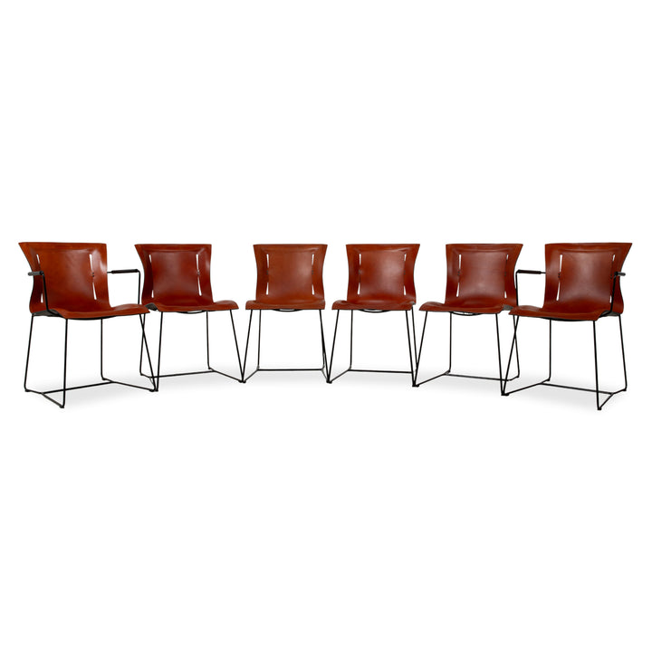 Set of 6 Walter Knoll Cuoio Leather Chairs Brown Red Chestnut