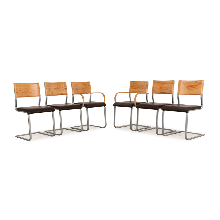 Set of 6 Wöstmann leather chairs brown core beech cantilever dining room