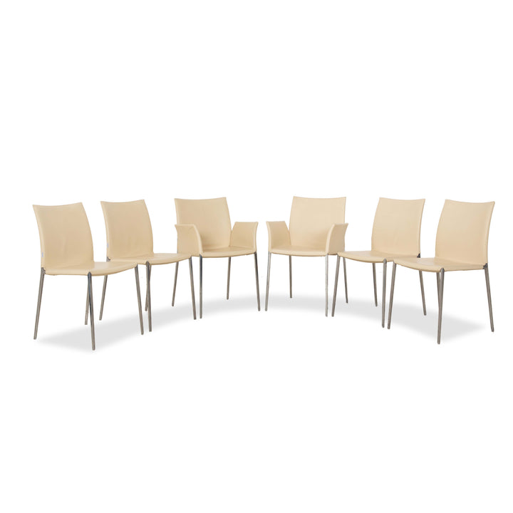 Lot de 6 chaises Zanotta Lia en cuir couleur beige oeuf crème