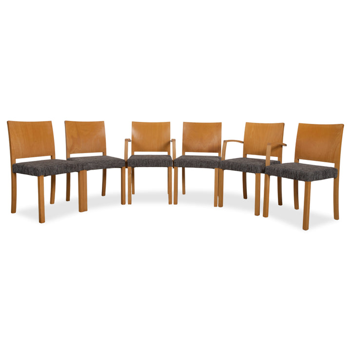 Ensemble de 6 chaises Thonet, tissu, bois, gris, marron, accoudoirs