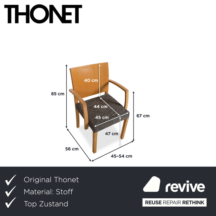 Ensemble de 6 chaises Thonet, tissu, bois, gris, marron, accoudoirs