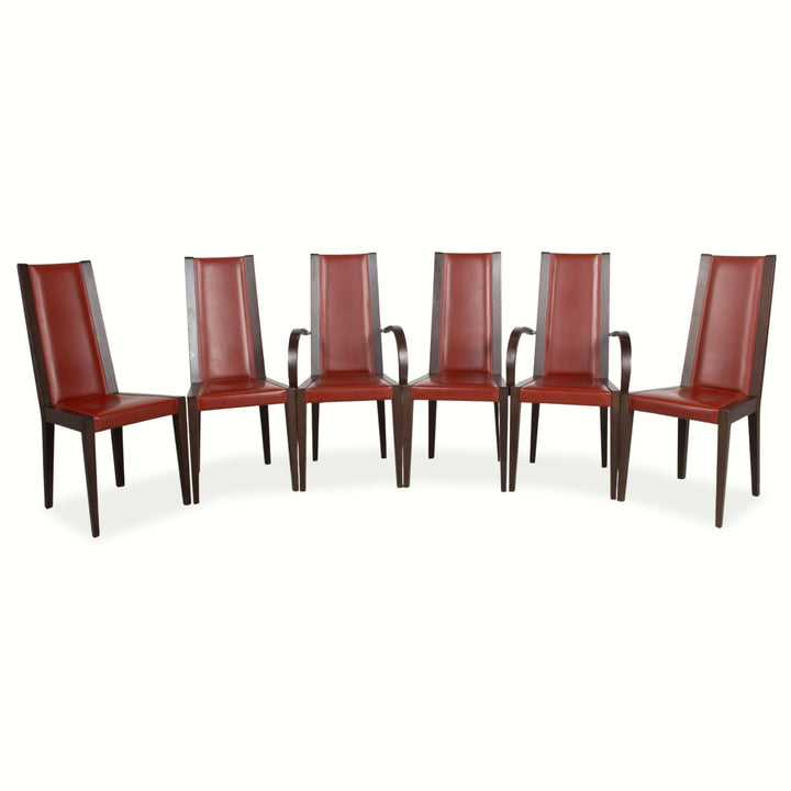 Set of 6 Roche Bobois chairs, leather, red/brown, wood, dining room