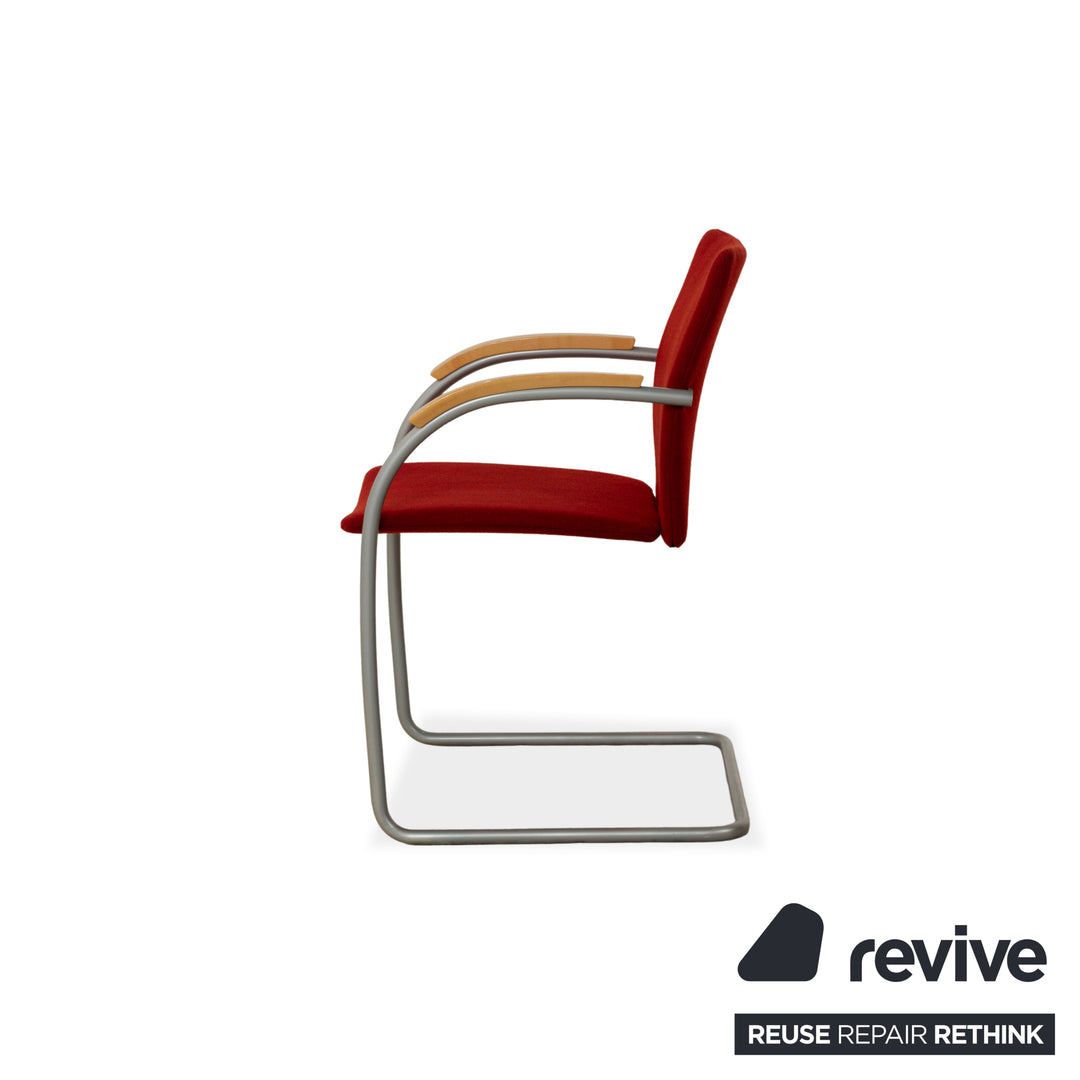 Set of 6 Thonet S78/S79 fabric and wood chairs, red cantilever