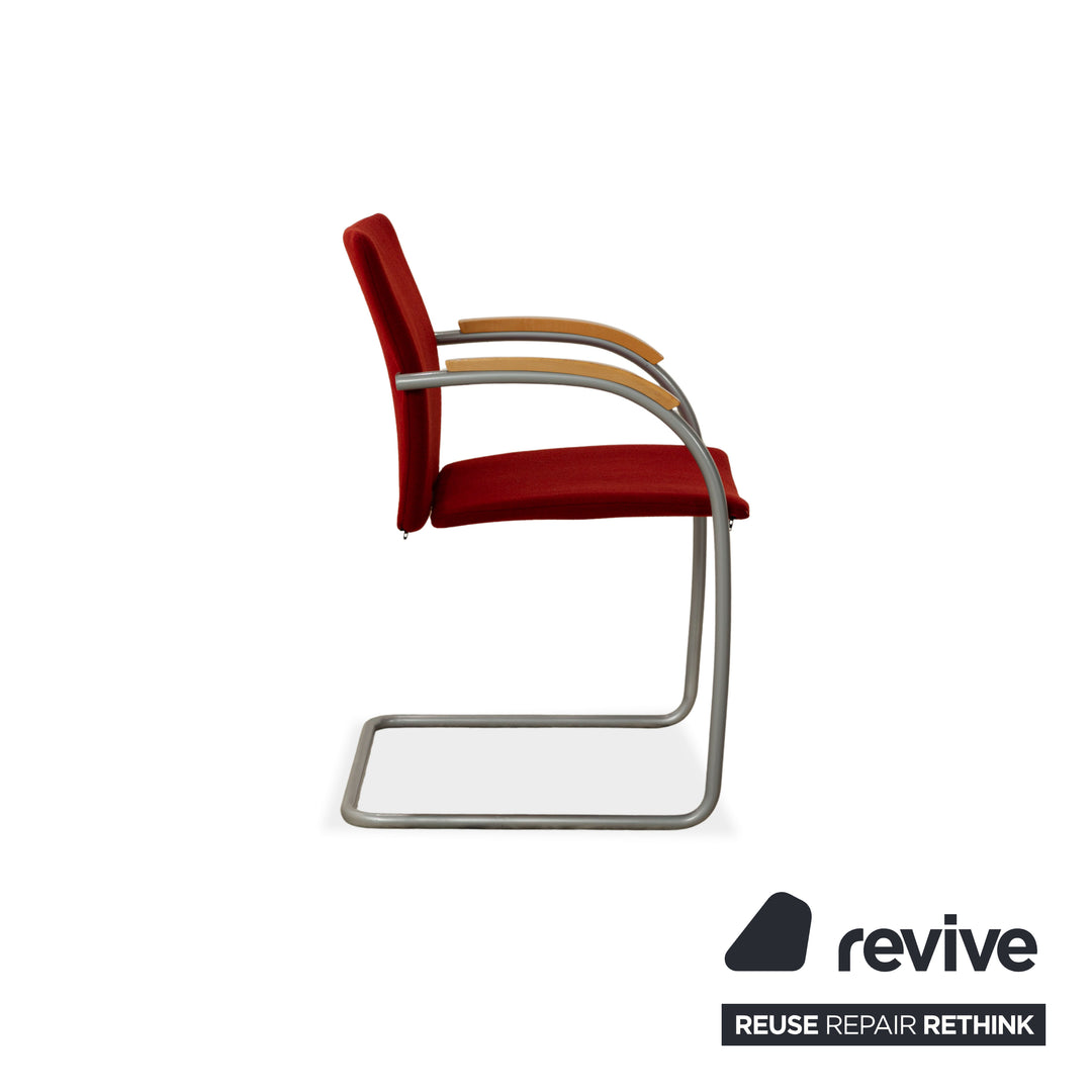 Set of 6 Thonet S78/S79 fabric and wood chairs, red cantilever