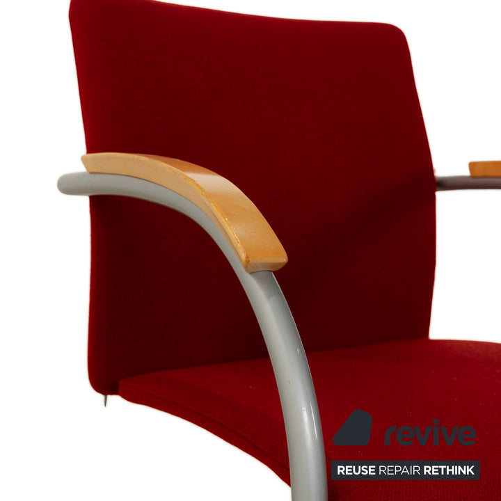 Set of 6 Thonet S78/S79 fabric and wood chairs, red cantilever