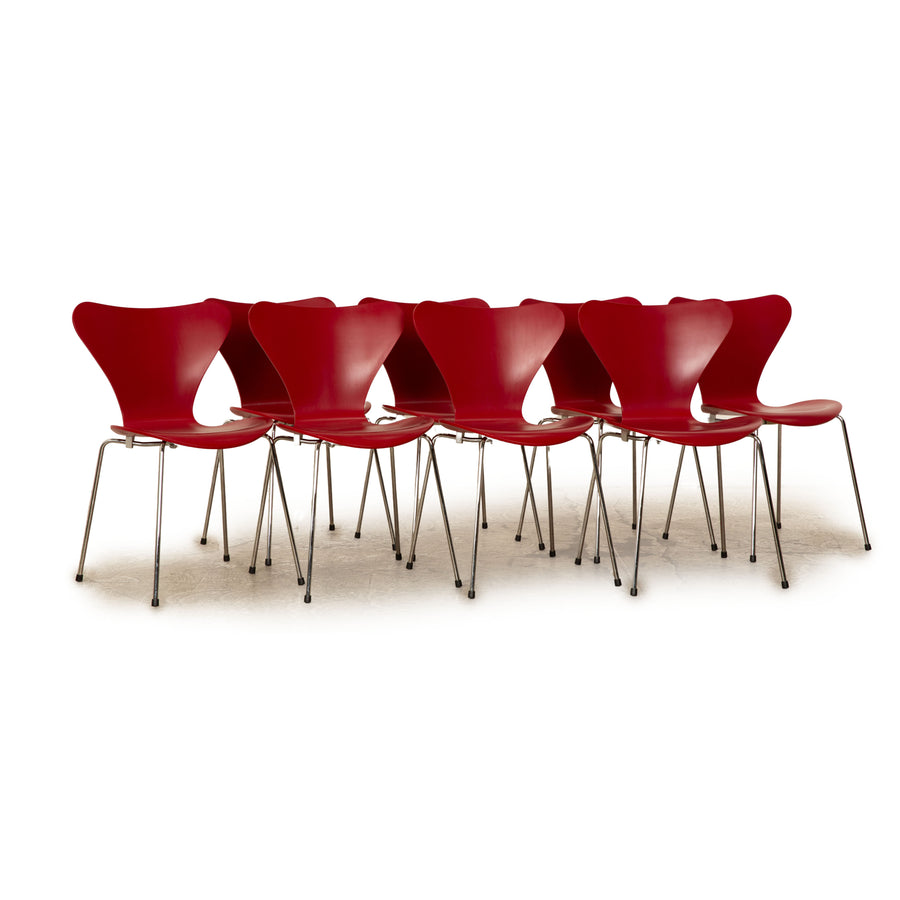 Lot de 8 chaises en bois Fritz Hansen rouge salle à manger