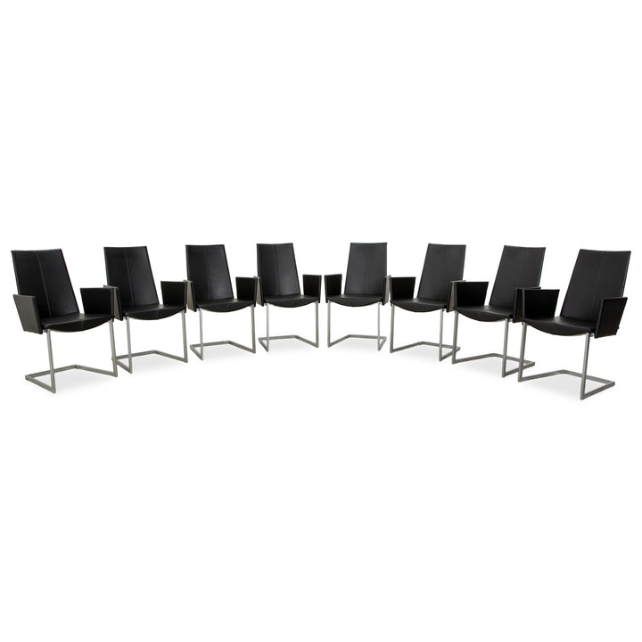 8er Garnitur KFF Leder Stuhl Freischwinger Schwarz