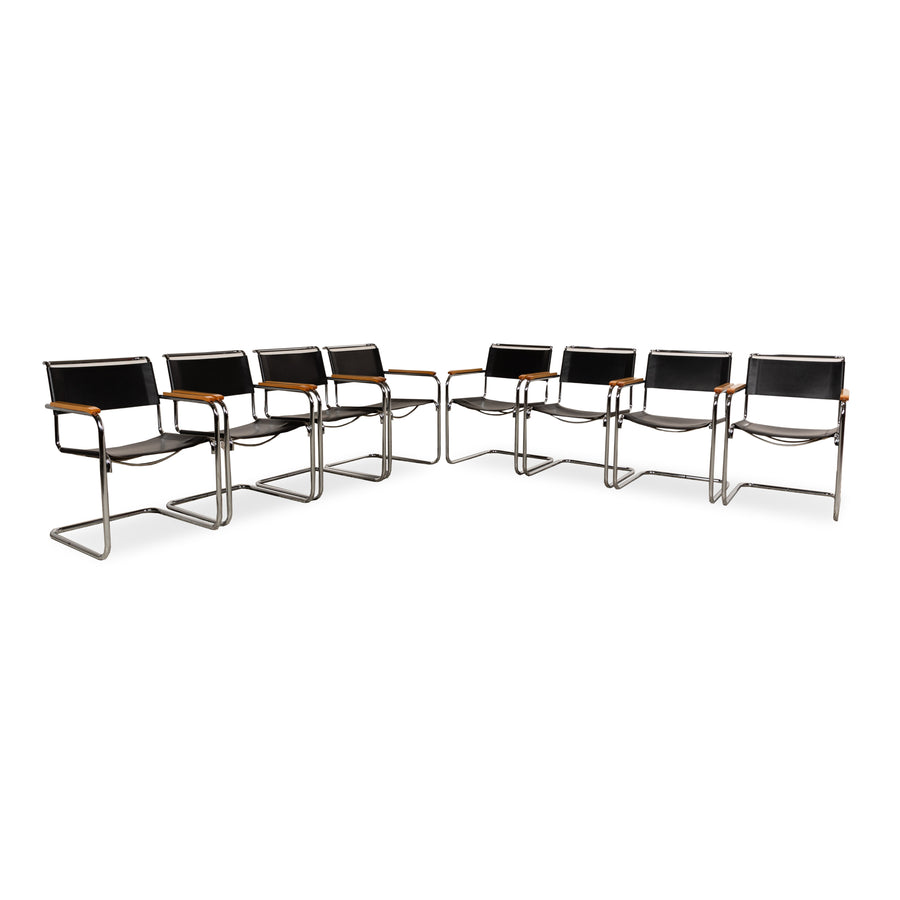 Set of 8 Thonet S 33 Leather Chairs Black