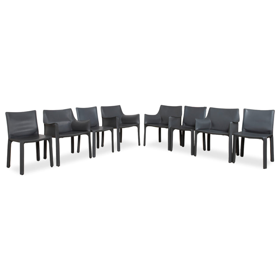 Set of 8 Cassina Cab 413/412 Grey Leather Chairs Saddle Leather Mario Bellini