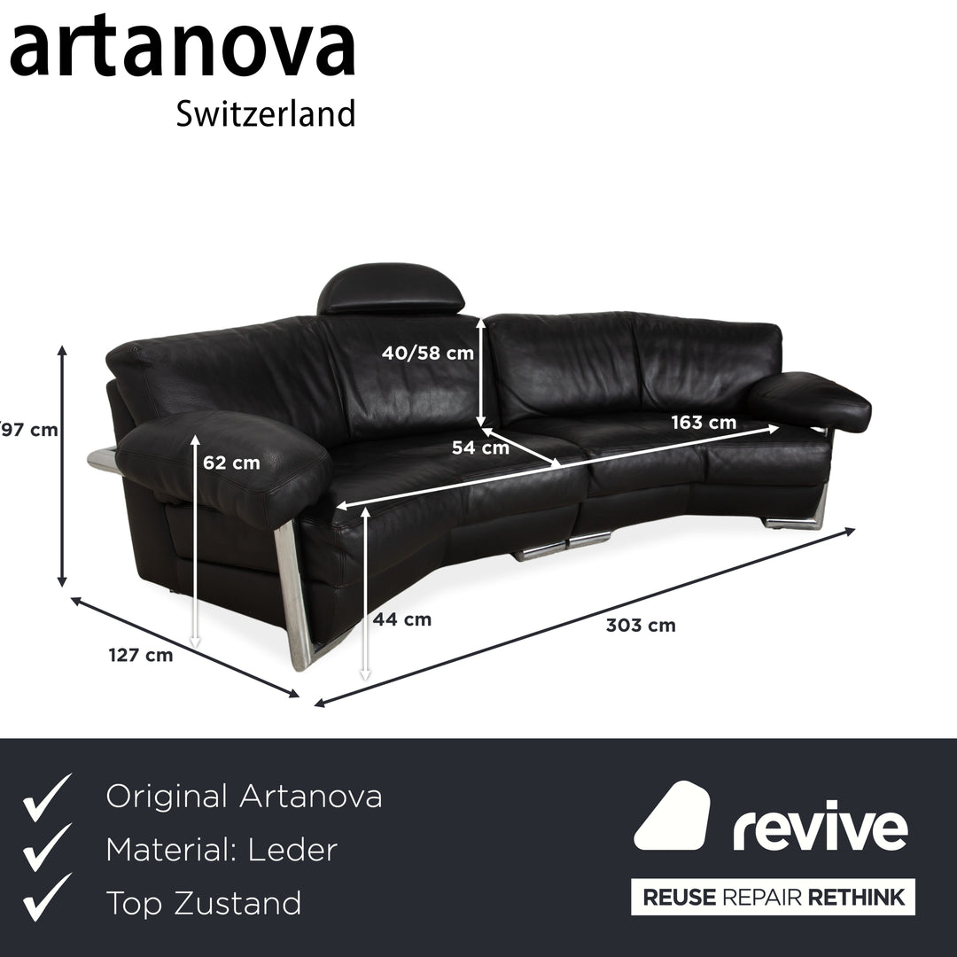Artanova Medea Leather Four-Seater Black Sofa Couch