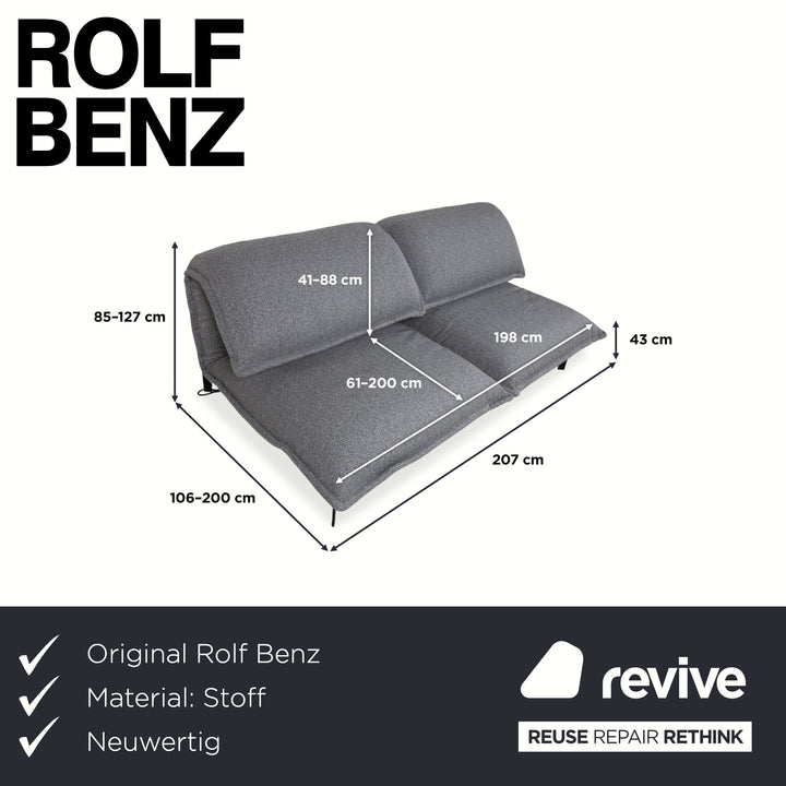 Rolf Benz Nova Two-Seater Sofa Grey Anthracite Fabric Functional Couch Sleeping Function Reupholstered