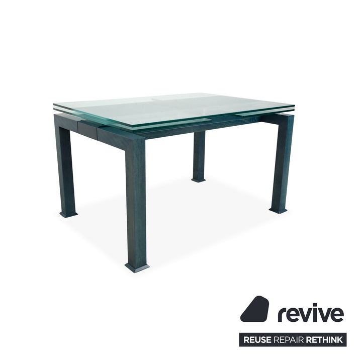 Table de salle à manger Bacher Glas, bois, bleu pétrole, extensible