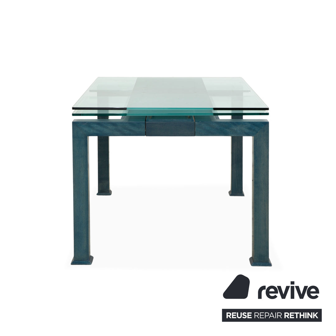 Table de salle à manger Bacher Glas, bois, bleu pétrole, extensible