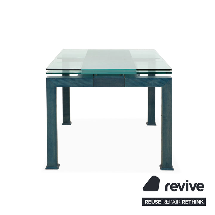 Table de salle à manger Bacher Glas, bois, bleu pétrole, extensible
