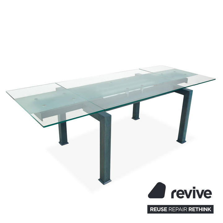 Table de salle à manger Bacher Glas, bois, bleu pétrole, extensible