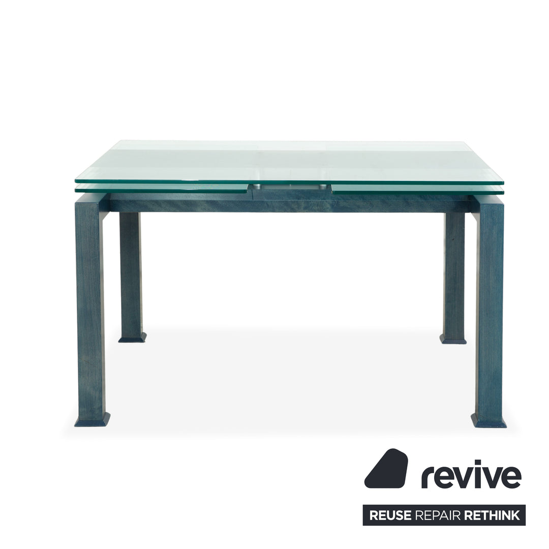 Table de salle à manger Bacher Glas, bois, bleu pétrole, extensible