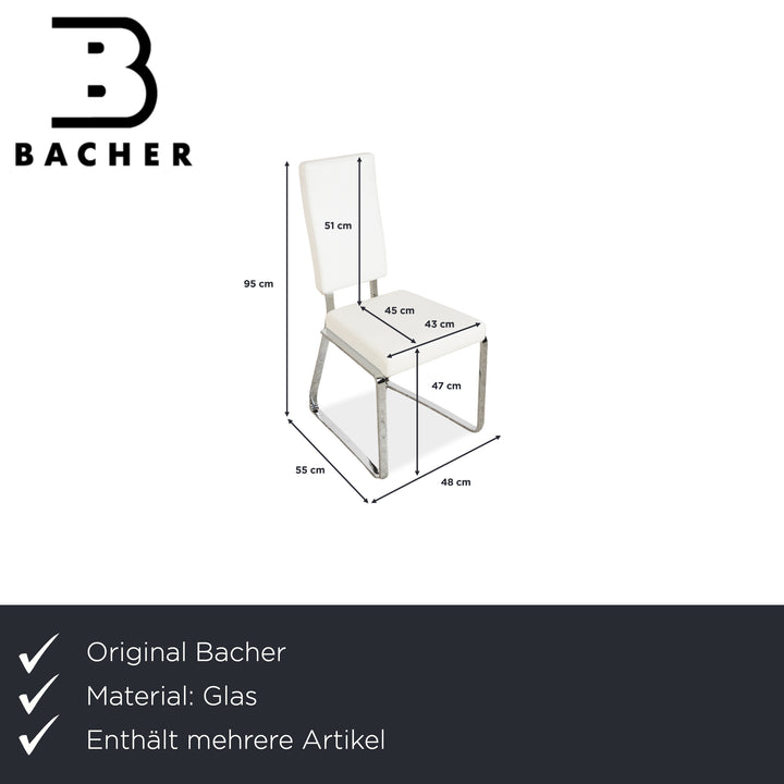 Ensemble de salle à manger Bacher en verre et cuir, comprenant une table et 8 chaises, finitions argent chromé, blanc et crème.