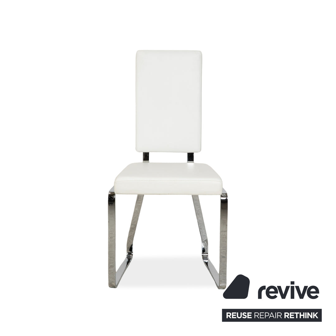 Ensemble de salle à manger Bacher en verre et cuir, comprenant une table et 8 chaises, finitions argent chromé, blanc et crème.