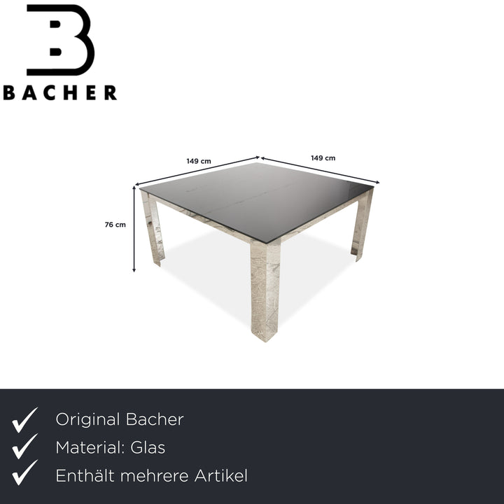 Ensemble de salle à manger Bacher en verre et cuir, comprenant une table et 8 chaises, finitions argent chromé, blanc et crème.