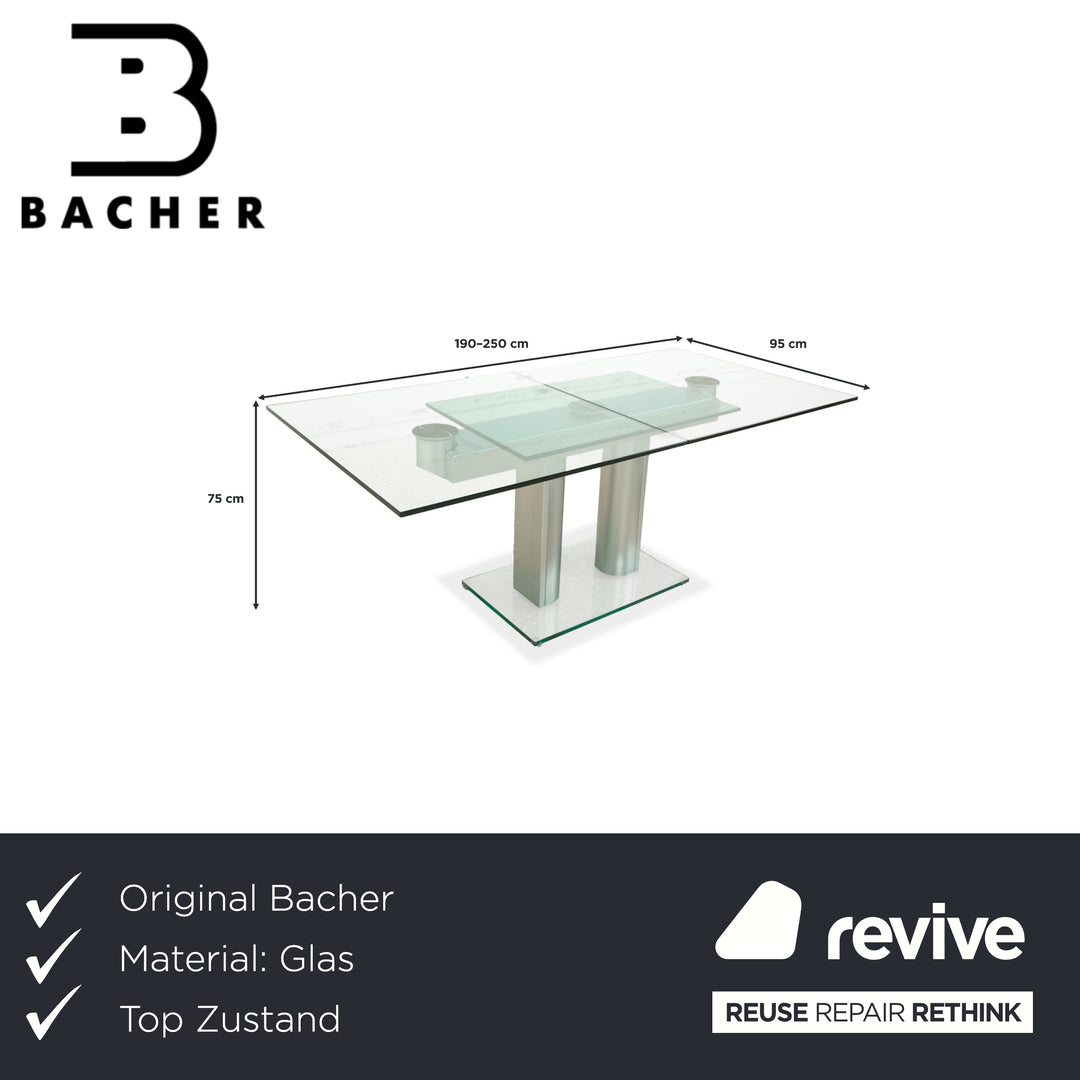 Bacher NABUCCO. Table de salle à manger en verre argenté, extensible, 190/250 x 95 cm