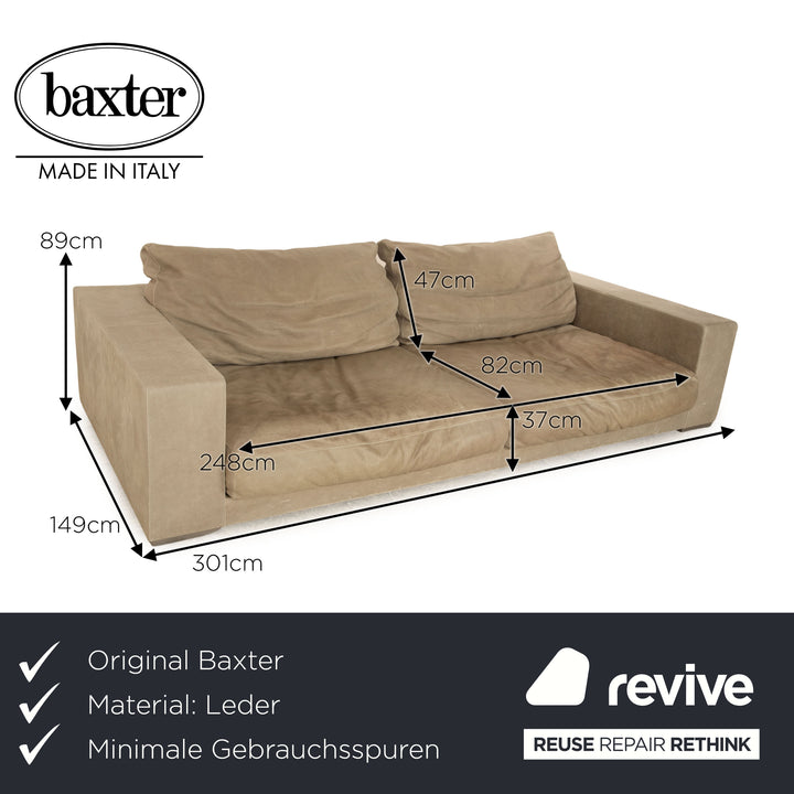 Baxter Budapest Leather Four Seater Light Grey Khaki Sofa Couch
