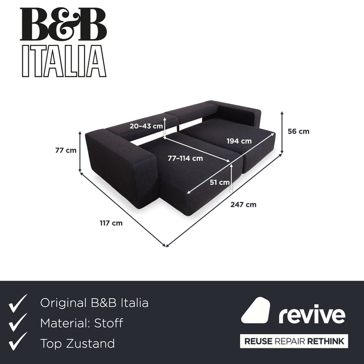 B&B Italia Andy Fabric Three-Seater Grey Anthracite Sofa Couch Manual Function