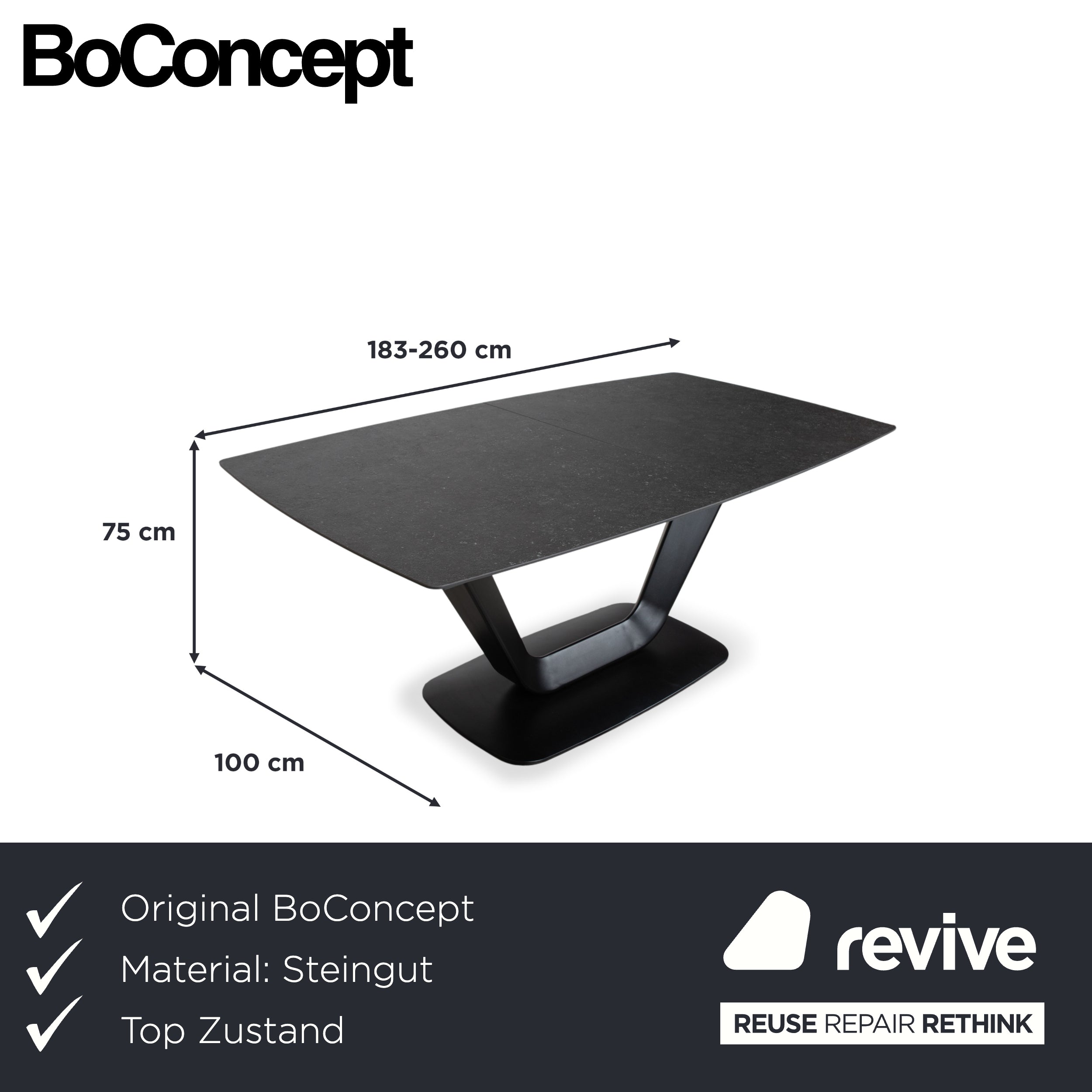 BoConcept Alicante Extendable Black Dining Table with Additional Dark Grey Stoneware Tabletop T076 Manual Function 183 x 100