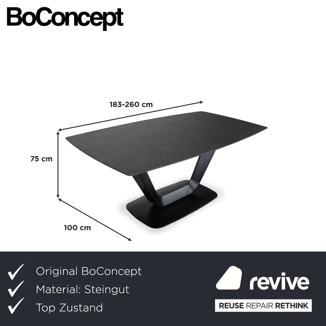 BoConcept Alicante Tisch Schwarz ausziehbar mit Zusatztischplatte in dunkelgrauem Steingut T076 manuelle Funktion 183 x 100