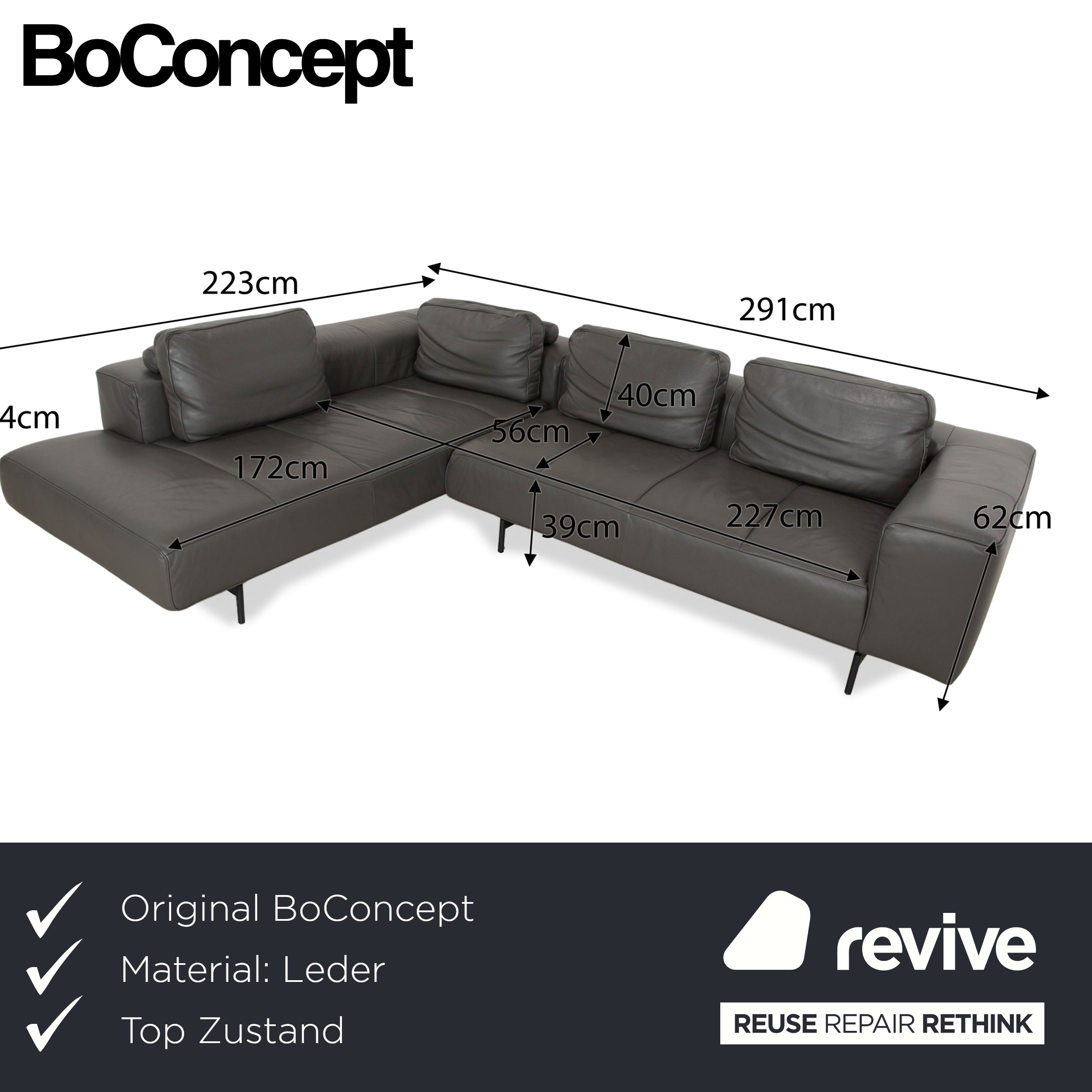 BoConcept Amsterdam Leder Ecksofa Dunkelgrau Sofa Couch