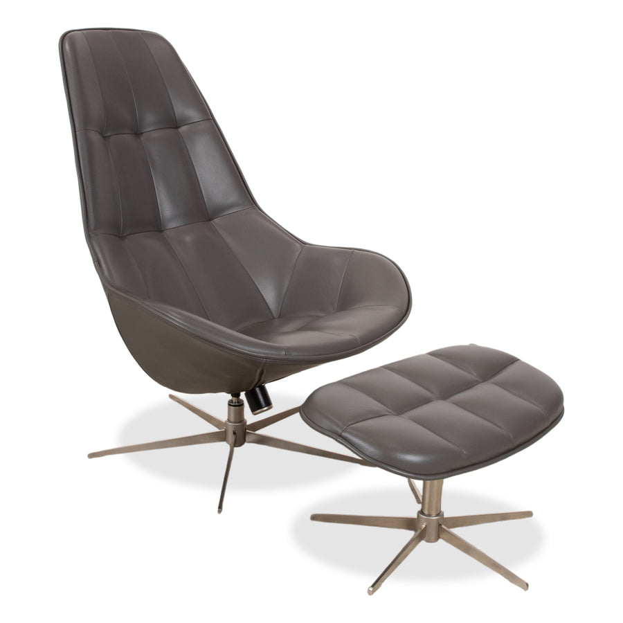 BoConcept Boston Leder Sessel inkl. Hocker Grau Braun Taupe Estoril Semi Anilin Leder 0959 manuelle Drehfunktion und Wippfunktion