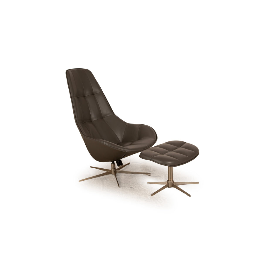 BoConcept Boston Leder Sessel inkl. Hocker Grau Braun Estoril Semi Anilin Leder 0959 manuelle Drehfunktion und Wippfunktion