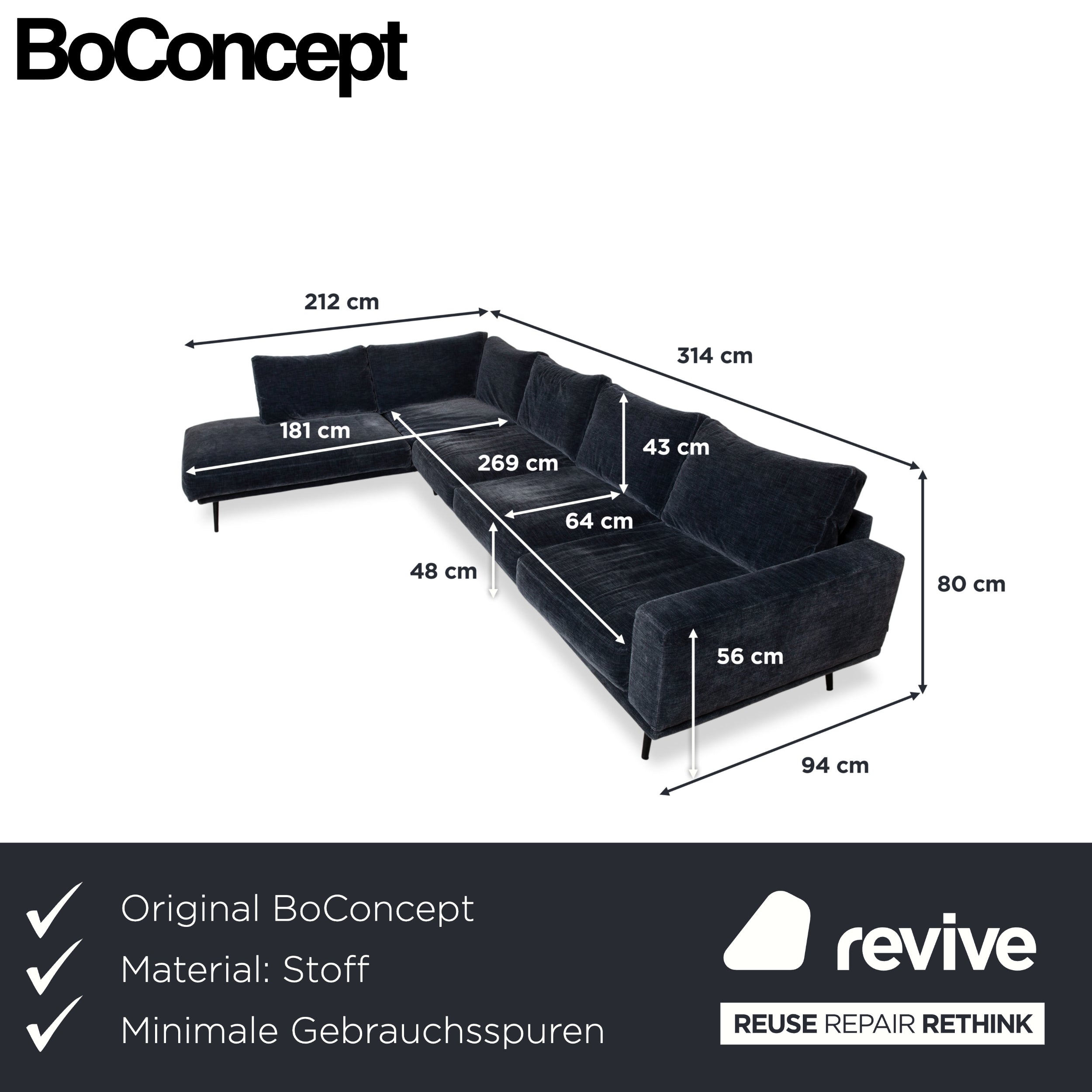 BoConcept Carlton Stoff Ecksofa Blau Recamiere Links Couch