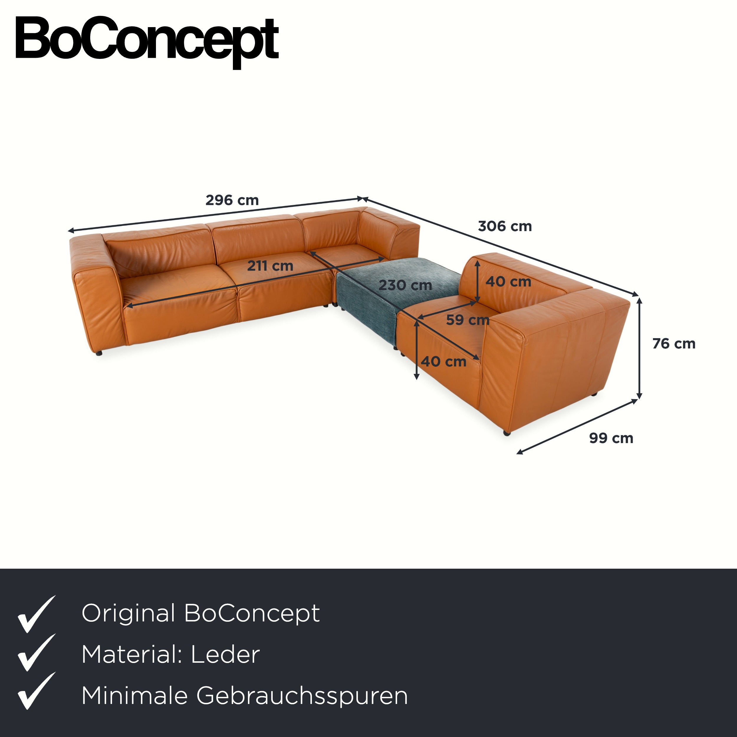 BoConcept Carmo Leather Corner Sofa Brown Cognac Sofa Couch