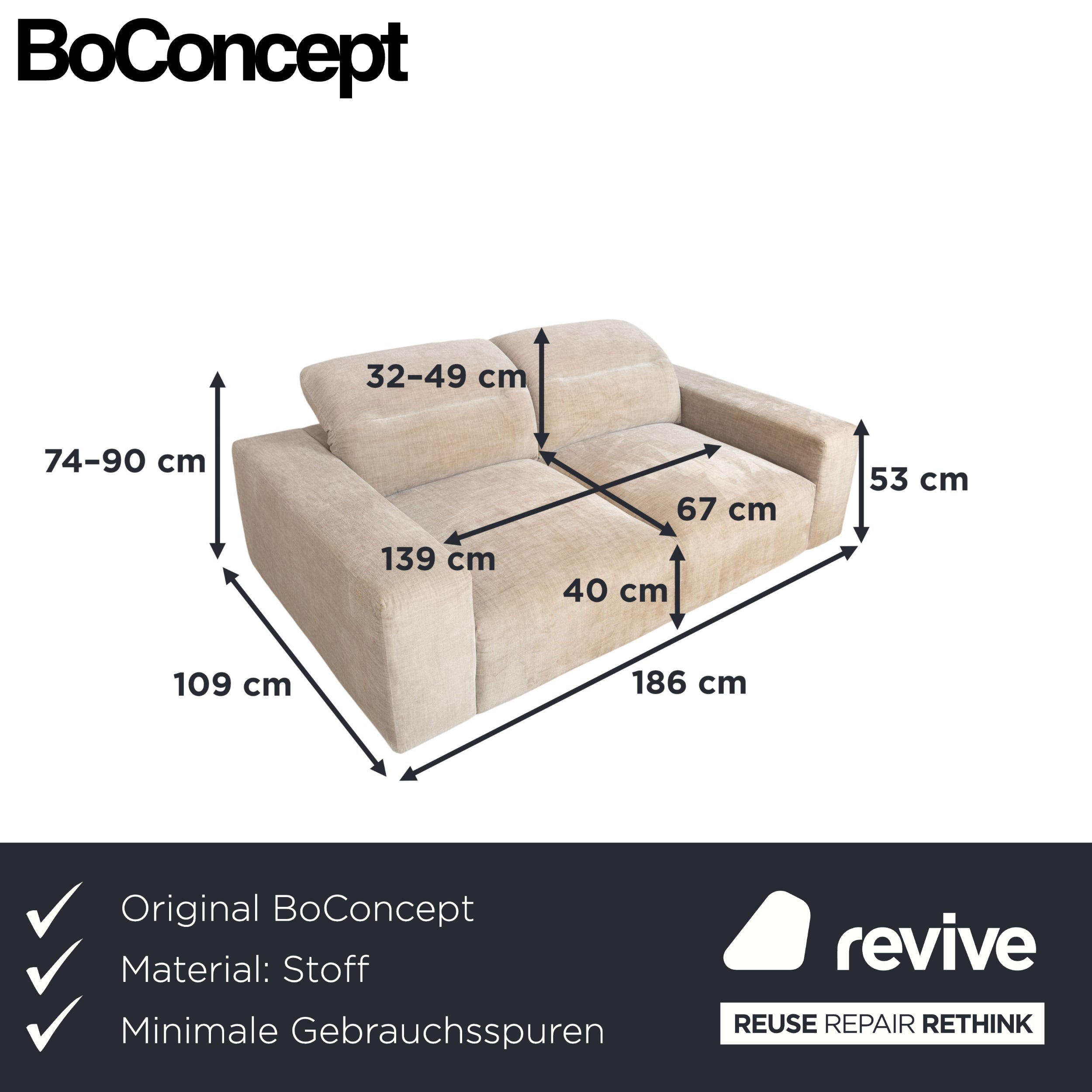 BoConcept Hampton Fabric Two-Seater Beige Sofa Couch Manual Function