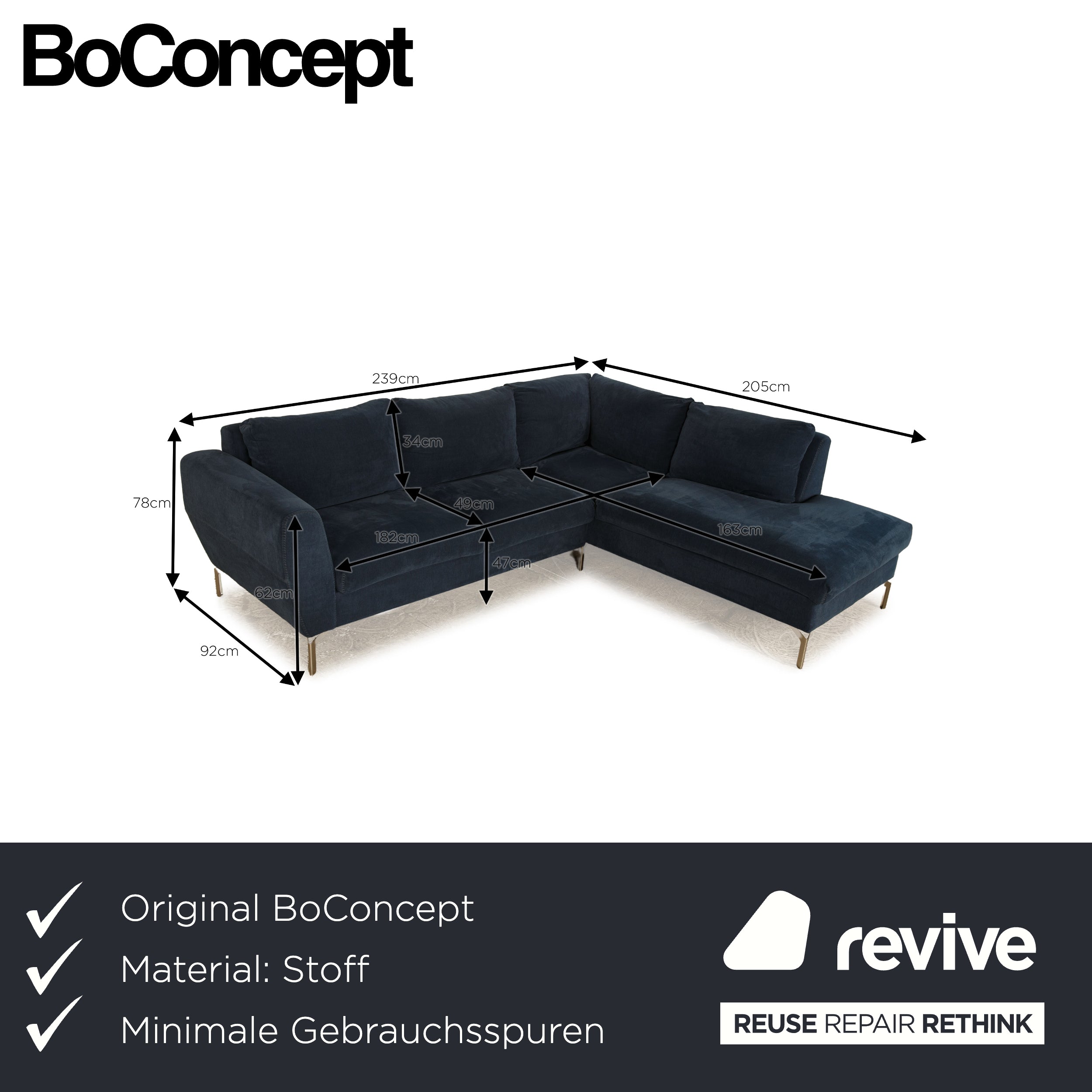 BoConcept Monacoソファ ブルー EasyNabuk ファブリック BoConcept Ecksofa Monaco Blau Stoff - 2. Hand - Revive.de