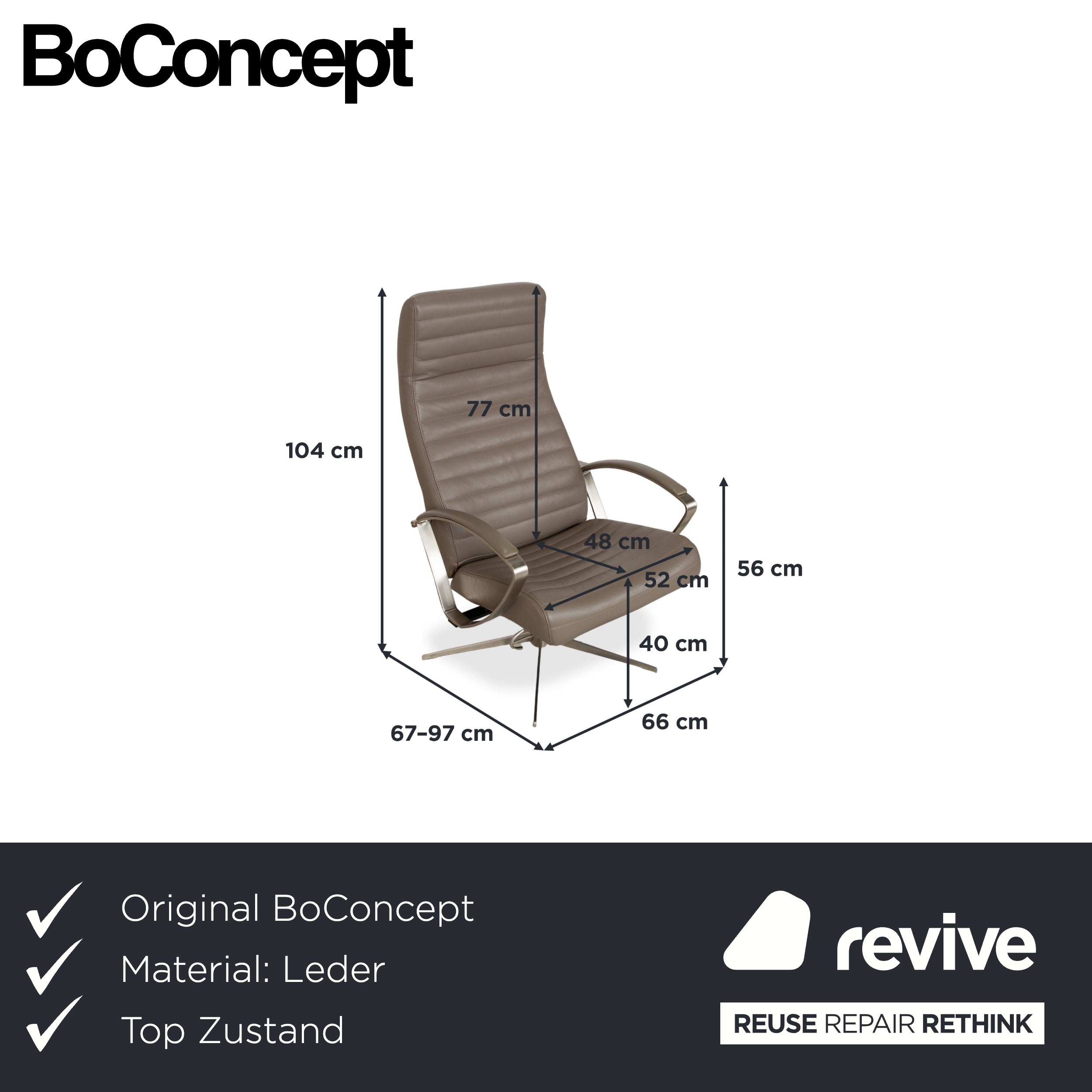 BoConcept Wing Armchair Leather Olive Green Beige Grey Taupe manual function