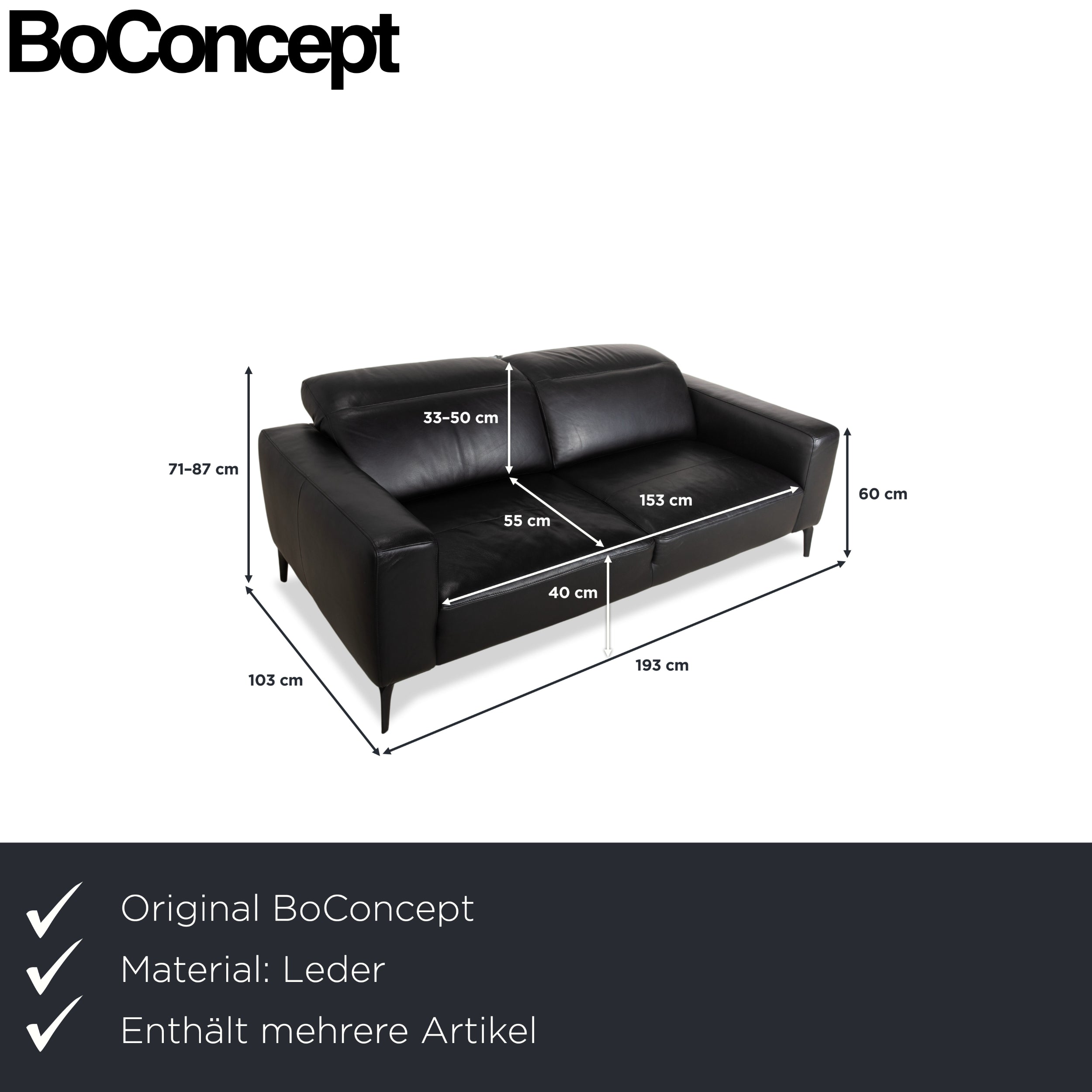 BoConcept Zürich Leder Zweisitzer Hocker Schwarz Sofa Couch manuelle Funktion
