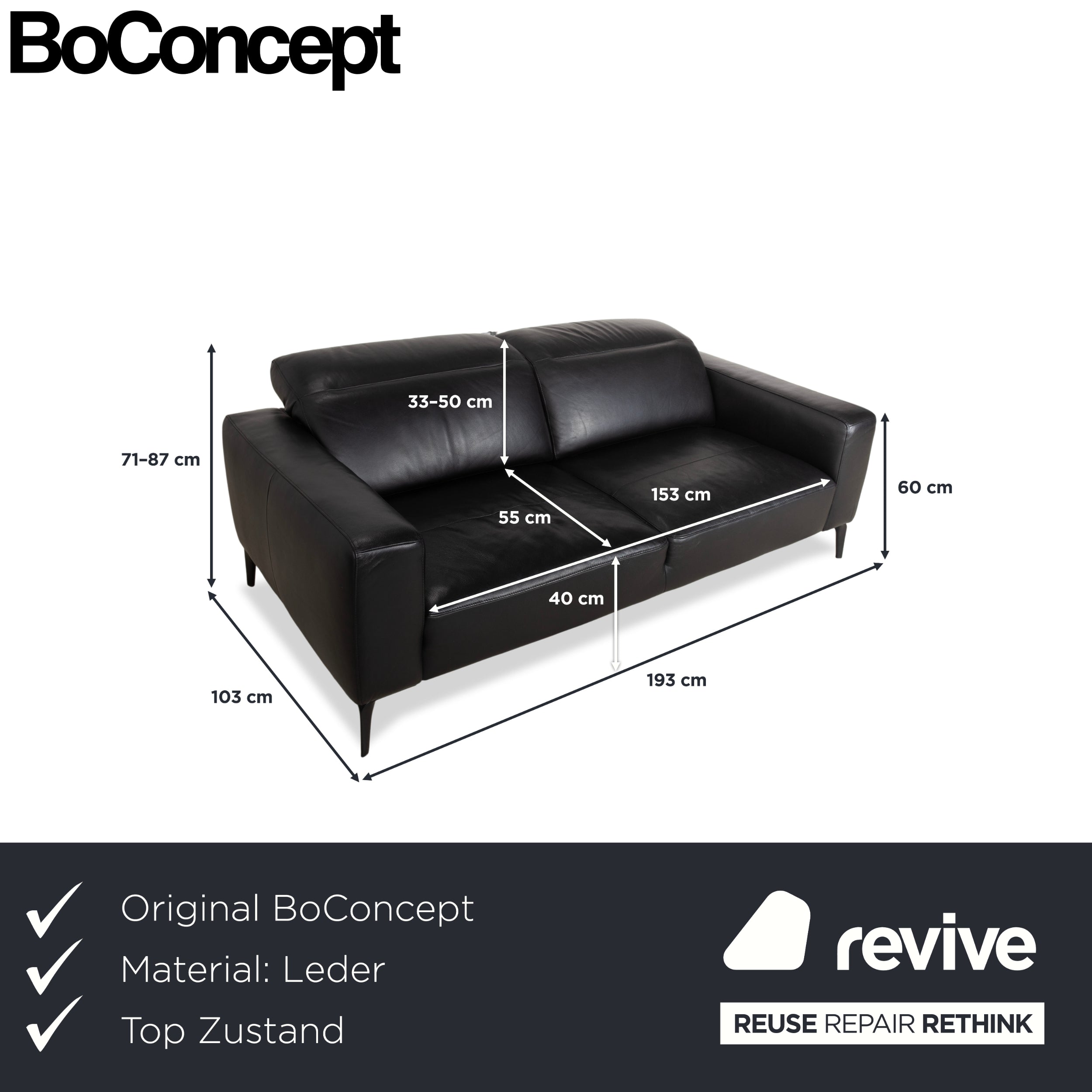 BoConcept Zürich Leder Zweisitzer Schwarz Sofa Couch manuelle Funktion