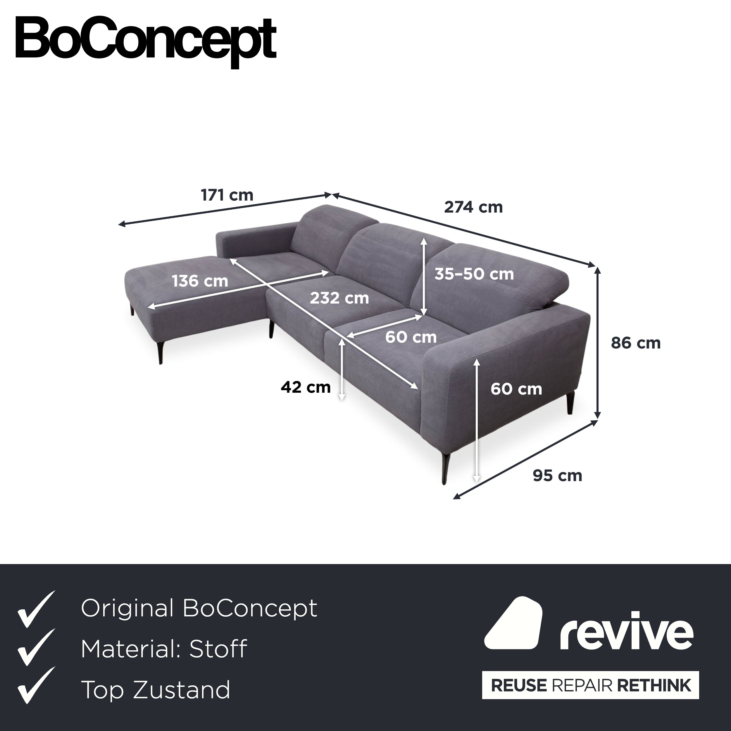 BoConcept Zürich Stoff Ecksofa Grau Sofa Couch