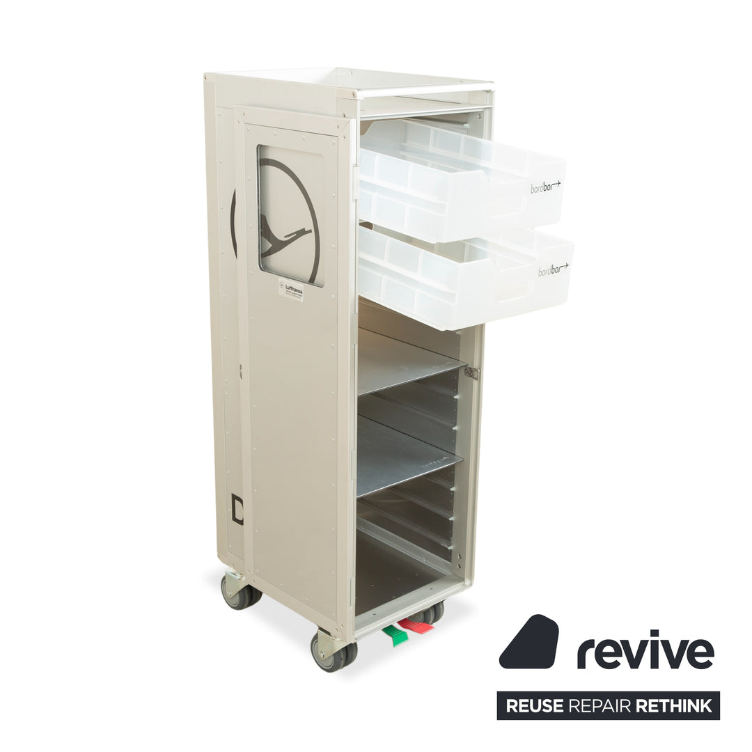 Chariot pour avions Lufthansa Ju 52 et Voyager avec étagère et tiroir en plastique, gris argenté avec éclairage néon pour le rangement, rouge et noir