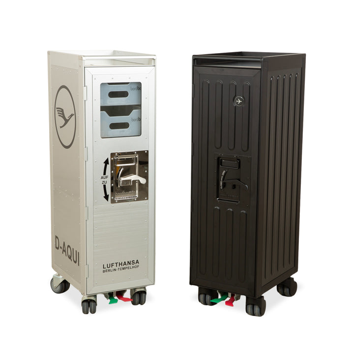 Chariot pour avions Lufthansa Ju 52 et Voyager avec étagère et tiroir en plastique, gris argenté avec éclairage néon pour le rangement, rouge et noir