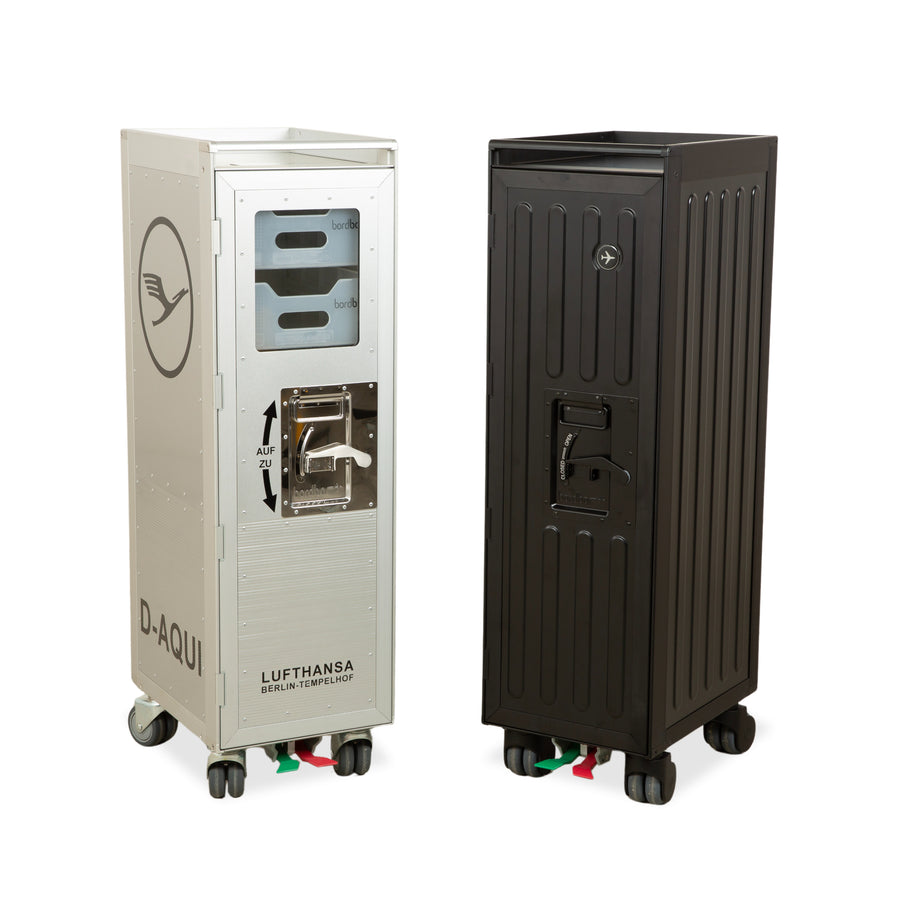 bordbar Lufthansa Ju 52 und voyager Flugzeugtrolley mit Fachboden und Kunststoffschubkasten Silber Grau mit storage neon equipment Rot Schwarz