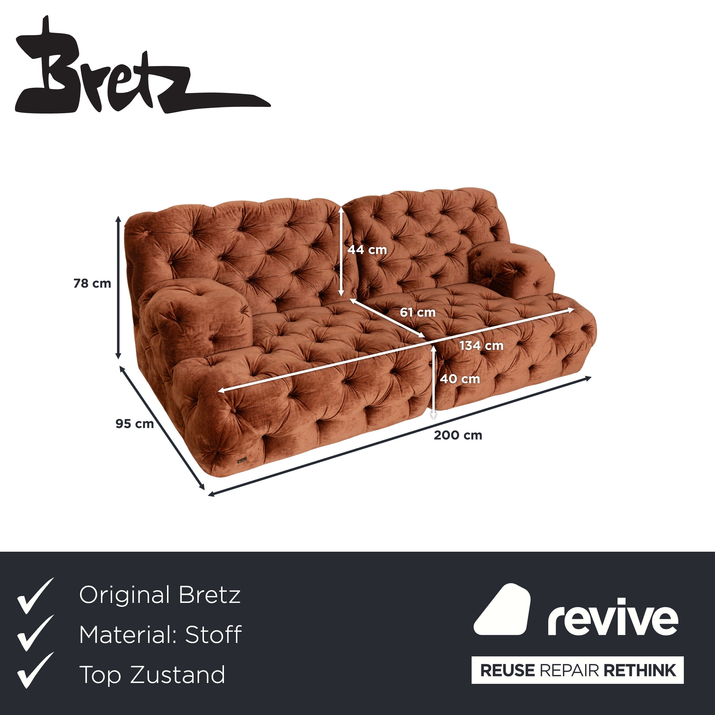 Bretz Cocoa Island Stoff Samt Knopfheftung Zweisitzer Braun Bronze Sofa Couch