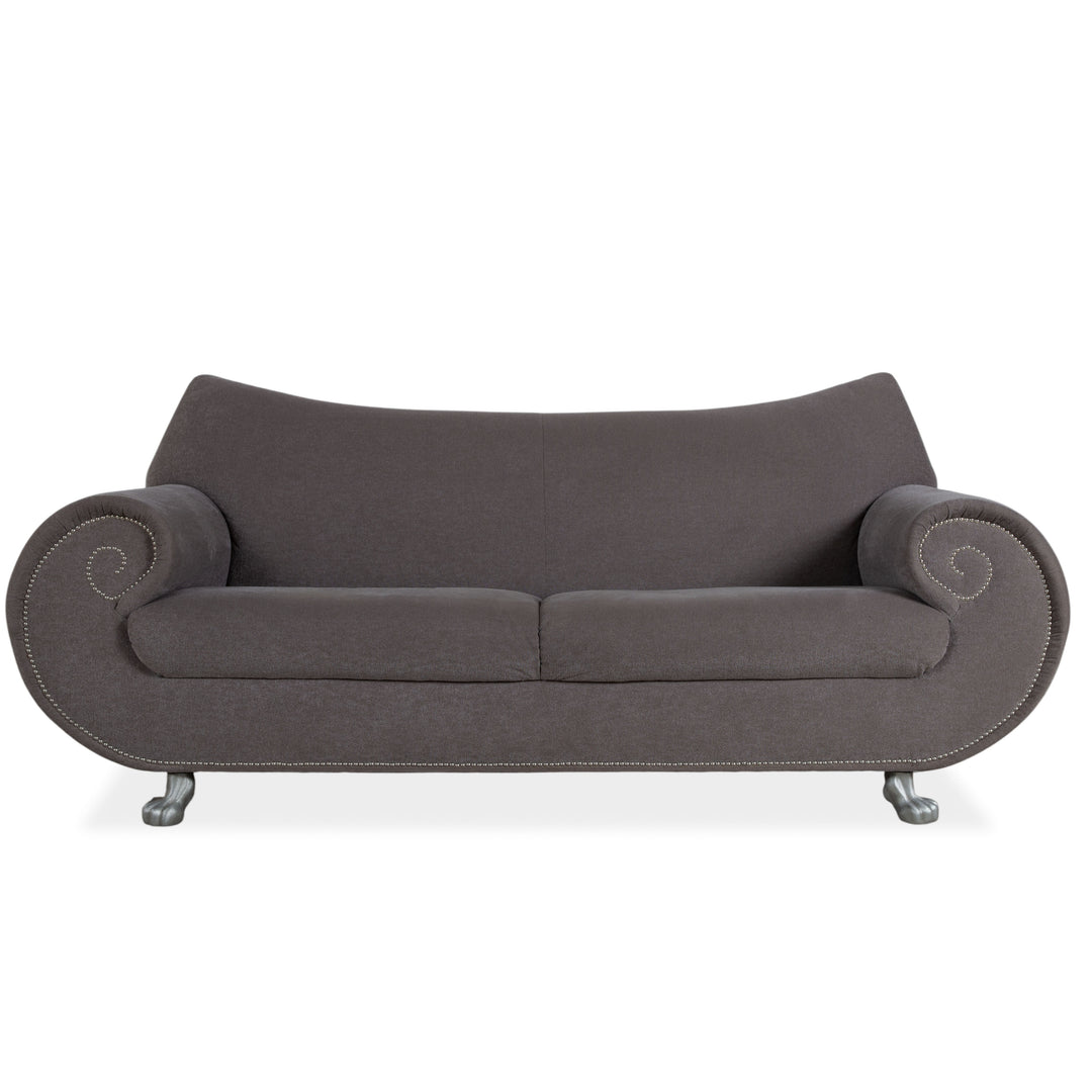 Canapé trois places Bretz Gaudi beige gris marron avec pieds en forme de patte de lion argentés