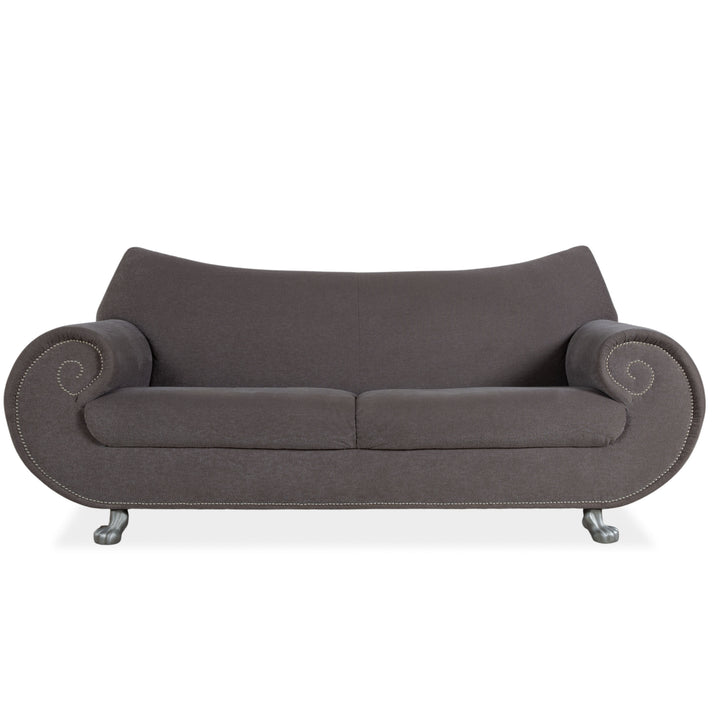 Canapé trois places Bretz Gaudi beige gris marron avec pieds en forme de patte de lion argentés